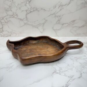 Vintage Hand Carved Teak Wood Leaf Shape Serving Bowl Dish Handle Single Piece